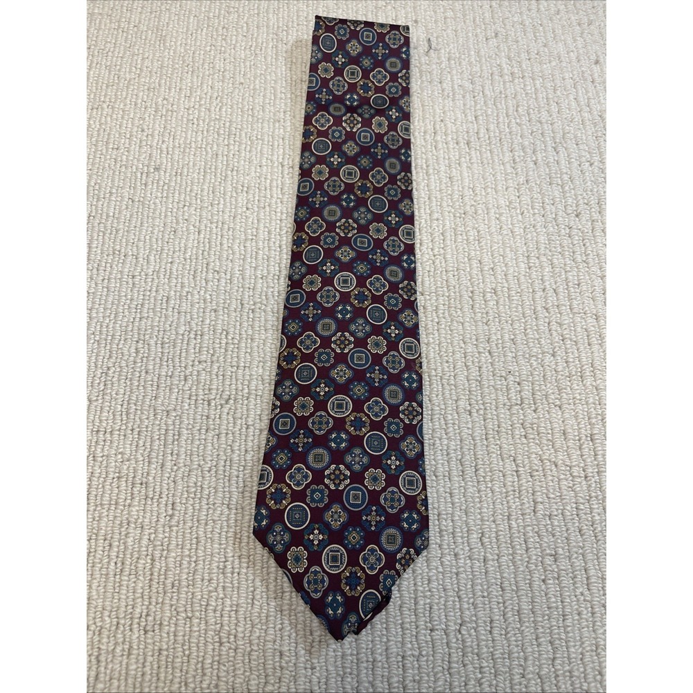 Vtg Oscar de la Renta Silk Neck tie Luxury  Medallion Classic Maroon Blue